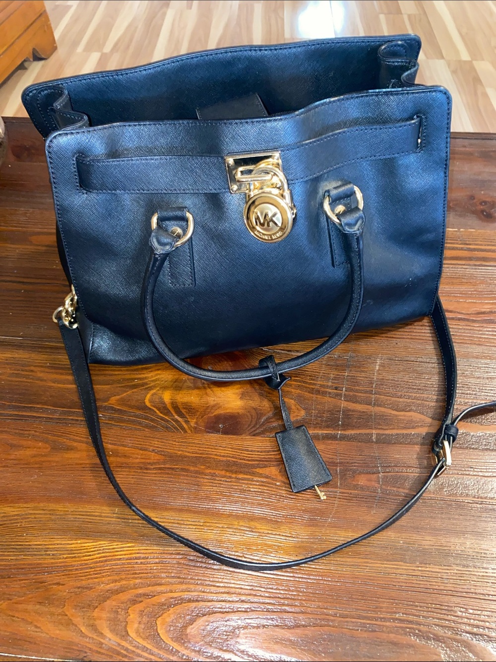 Michael Kors Navy Leather Shoulder Tote with Gold Hardware